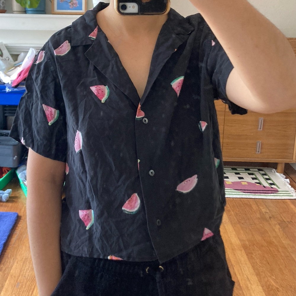 Rails Maui Watermelon Print Button Up Silk Cropped Short Sleeve Shirt Size XS